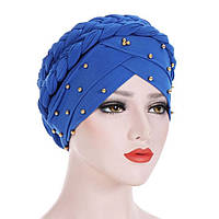 Чалма шапка однотонна з намистинами та коса намотка у формі гульки яскраво-синій