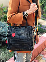 Жіноча шкіряна сумка зі структурою крокодила чорного кольору, фото 3