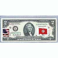 Банкнота США 2 доллара 2013 с печатью USPS, флаг Туниса-01, Gem UNC