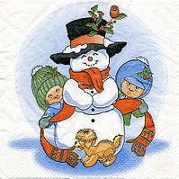 № 69 Новогодняя салфетка для декупажа или сервировки стола "Снеговик и дети". 33х33