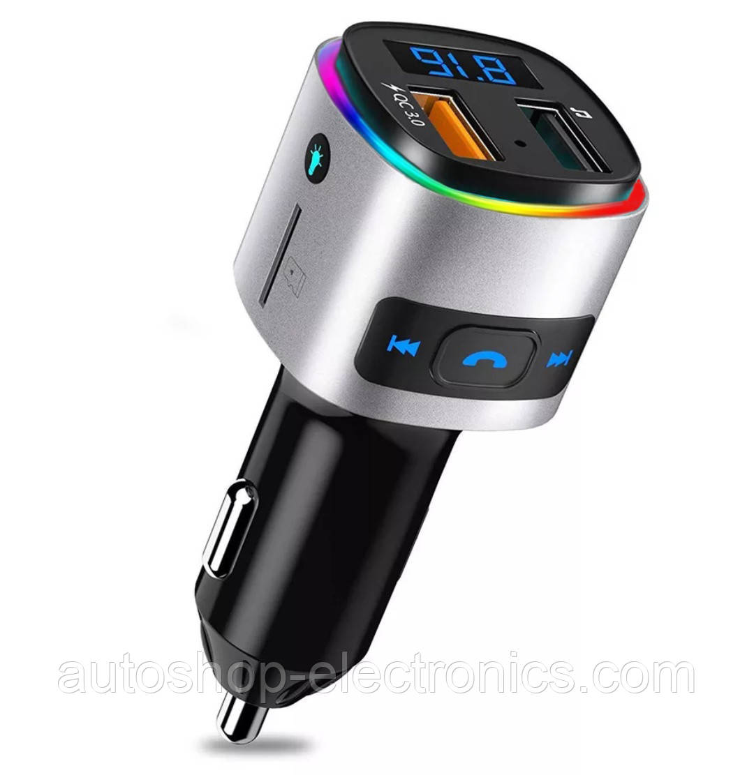 Bluetooth FM модулятор + Швидка зарядка USB QC 3.0 + Підсвічування LED 7 COLORS RGB (HandsFree/microSD/Вольтметр)