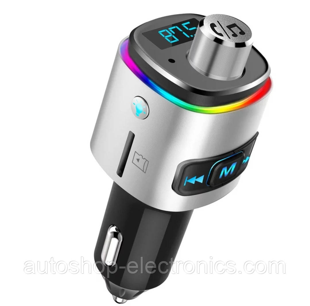 Bluetooth FM модулятор + Швидка зарядка USB QC 3.0 + Підсвічування LED 7 COLORS RGB (HandsFree/microSD/Вольтметр), фото 1