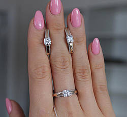 Сережки і каблучка зі срібла з золотом і білим фіанітом Брітні