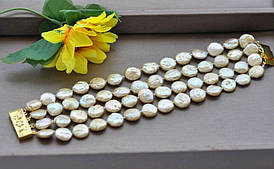 Браслет із річкового Перли Бароко (баркові перли, перли — монетки) золотистого (жовтого, Шампань)