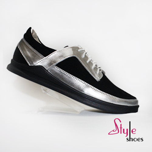Жіночі кросівки з натуральної замши чорного  кольору зі сріблястими вставками "Style Shoes"