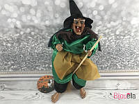 Баба Яга в зеленом платье и метлой музыкальная декор для вечеринки Хеллоуина