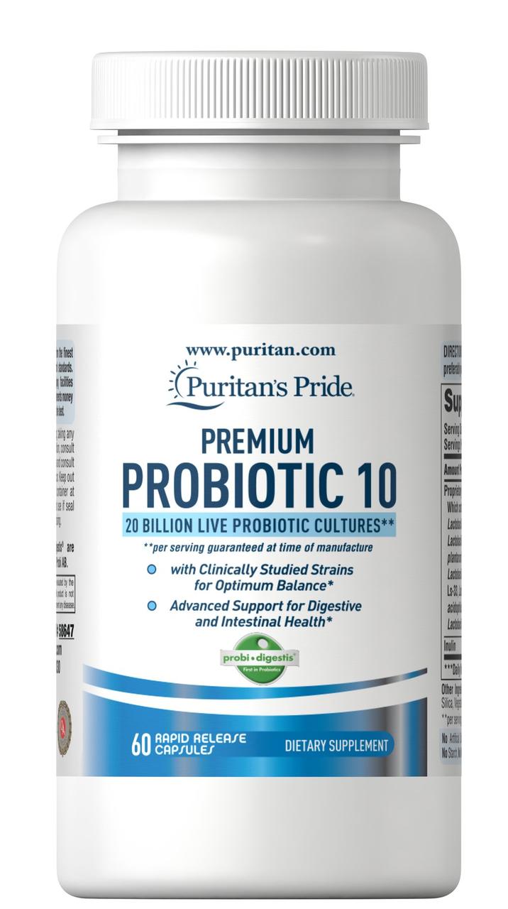 Puritan's pride Premium Probiotic 10 (20 Billion Live Cultures), Преміум пробіотик (60 капс.)