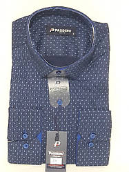 Сорочка чоловіча Passero vd-0034 синя приталені у візерунок з довгим рукавом стрейч коттон Туреччина M