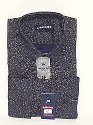 Сорочка чоловіча Passero vd-0036 синя приталені в принт, з довгим рукавом стрейч коттон Туреччина M