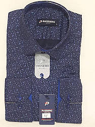 Сорочка чоловіча Passero vd-0038 синя приталені в принт, з довгим рукавом стрейч коттон Туреччина M
