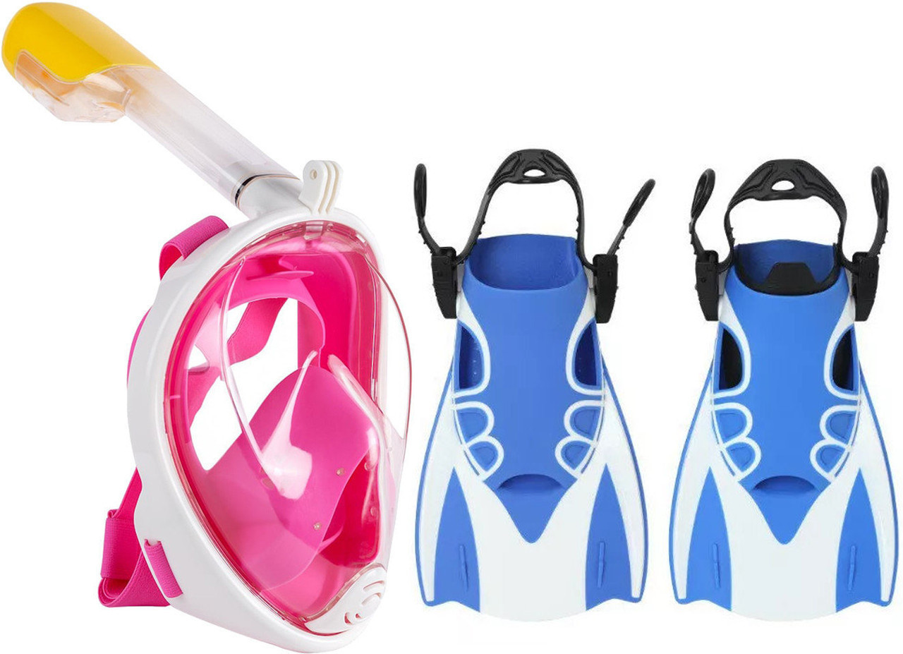 Набір для плавання 2 в 1 Маска Free Breath M2068G з ластами Рожева маска (L/XL) Ласти сині (М) (3_00211)