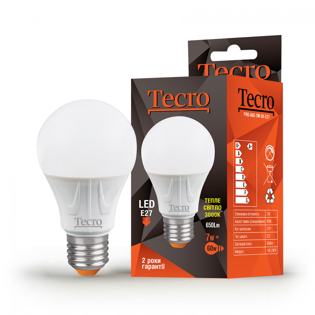 Лампа світлодіодна Tecro 7W E27 3000K (PRO-A60-7W-3K-E27)
