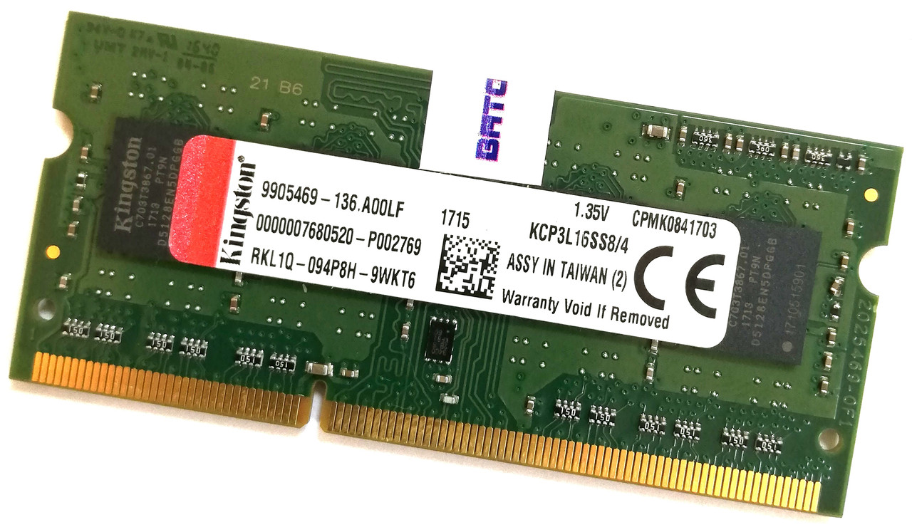 Оперативна пам'ять для ноутбука Kingston SODIMM DDR3L 4Gb 1600MHz PC3L-12800s 1R8 CL11 (KCP3L16SS8/4) Б/В