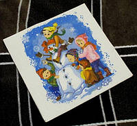 № 95 Новогодняя салфетка для декупажа или сервировки стола "Дети со снеговиком". 33х33