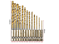 Сверла набор 13 штук +нитрид титана с шестигранным 1/4 для шуруповерта