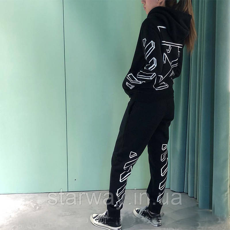 Трикотажний чорний костюм Off White 3D logo з капюшоном | топ