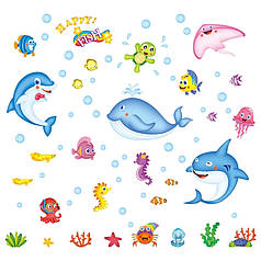 Наклейка на стіну, наклейка ванну, в дитячу "рибки, черепахи Червоного моря HEPPY Fish" 96*90см (лист50*70см)