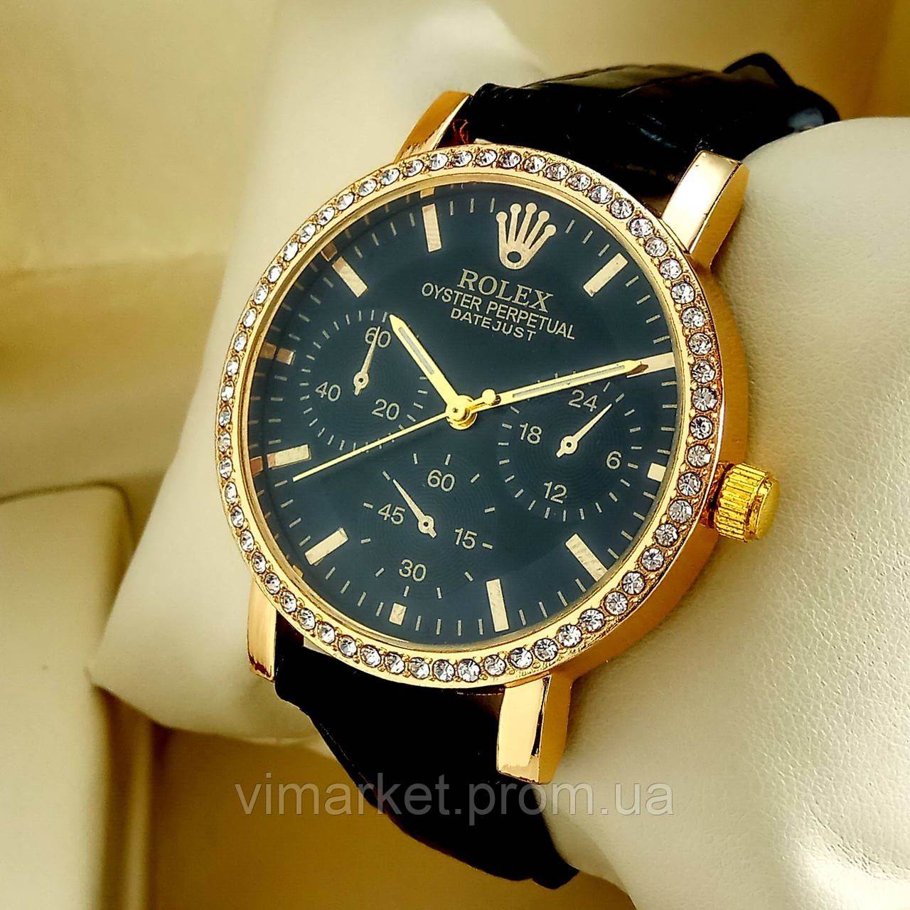 Жіночий кварцевий наручний годинник Rolex Т69 (Ролекс) на шкіряному ремінці, чорний циферблат, золотого кольору