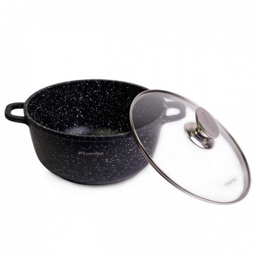 Каструля алюмінієва Kamille 6,5 л 28 х 12,5 см лита з антипригарним покриттям "чорний мармур" з кришкою арт, фото 1