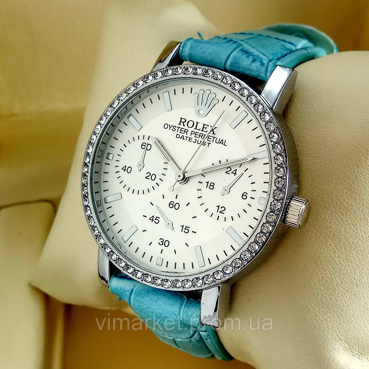 Жіночий кварцевий наручний годинник Rolex Т69 (Ролекс) на бірюзовому шкіряному ремінці, сріблястий циферблат