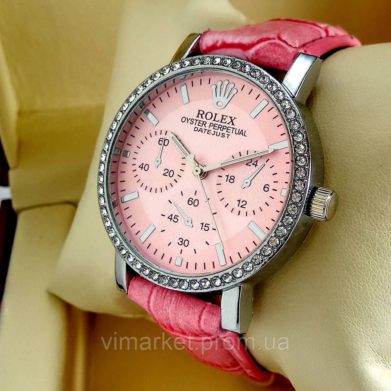 Жіночий кварцевий наручний годинник Rolex Т69 (Ролекс) на рожевому шкіряному ремінці, рожевий циферблат