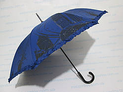 Парасолька-тростина жіноча з рюшем по краю купола в синьому кольорі