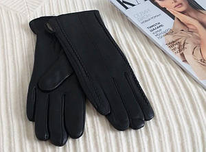 Шкіряні жіночі рукавички на утеплювачі подвійний кант