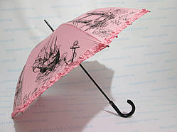 Парасолька-тростина жіноча з рюшем на краю купола в рожевому кольорі