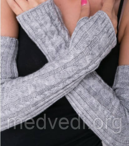 Довгі жіночі мітенки сірого кольору 50 см, напіввовна