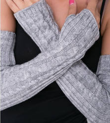 Довгі жіночі мітенки сірого кольору 50 см, напіввовна