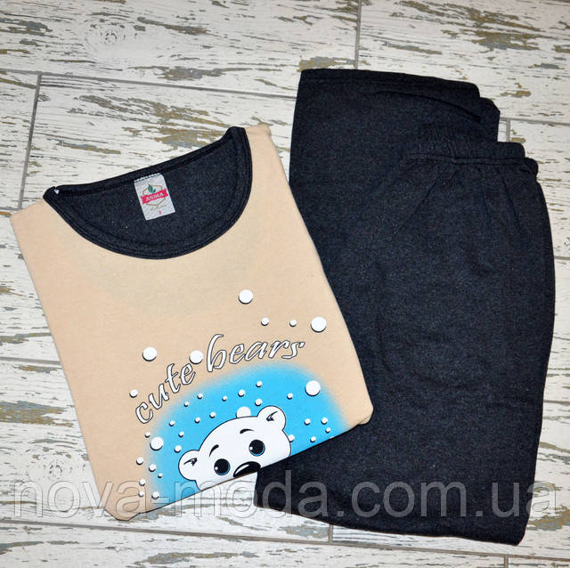 Бежево-серая женская пижама на байке теплая