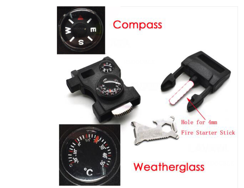 

Пряжка фастекс,компас,термометр,розжиг,свисток ,лезвие-скребок для розжига и мультитул.