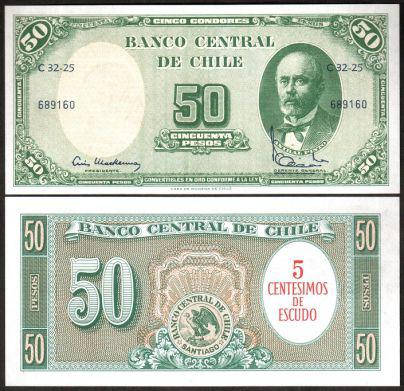 

Chile Чили - 5 Centimos de Escudo on 50 Pesos 1960 - 1961 UNC