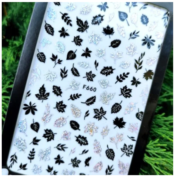 

Наклейки для ногтей осень, листья(слайдер на ногти) черные и серебро F660, Разные цвета