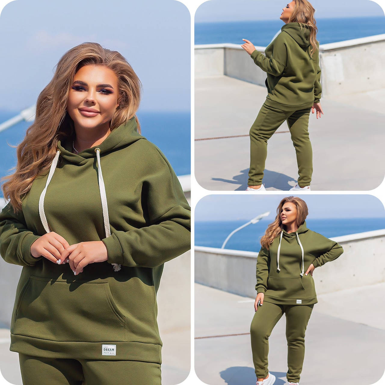 

Женский спортивный теплый костюм двойка худи с капюшоном и карманом кенгуру в больших размеров хаки, 56-60