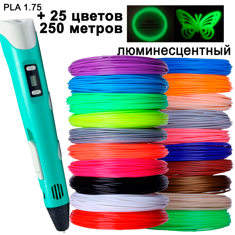 

3D ручка бирюзовая c LCD дисплеем (3D Pen-2) +Подставка +комплект пластика 25 цветов, 250 метров +трафареты