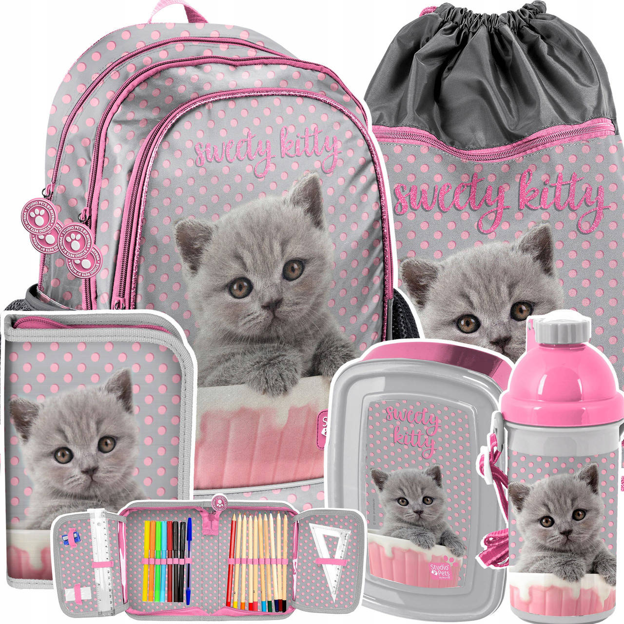 

Школьный рюкзак, комплект Paso - Studio Pets, Котенок 5 эл., Розовый