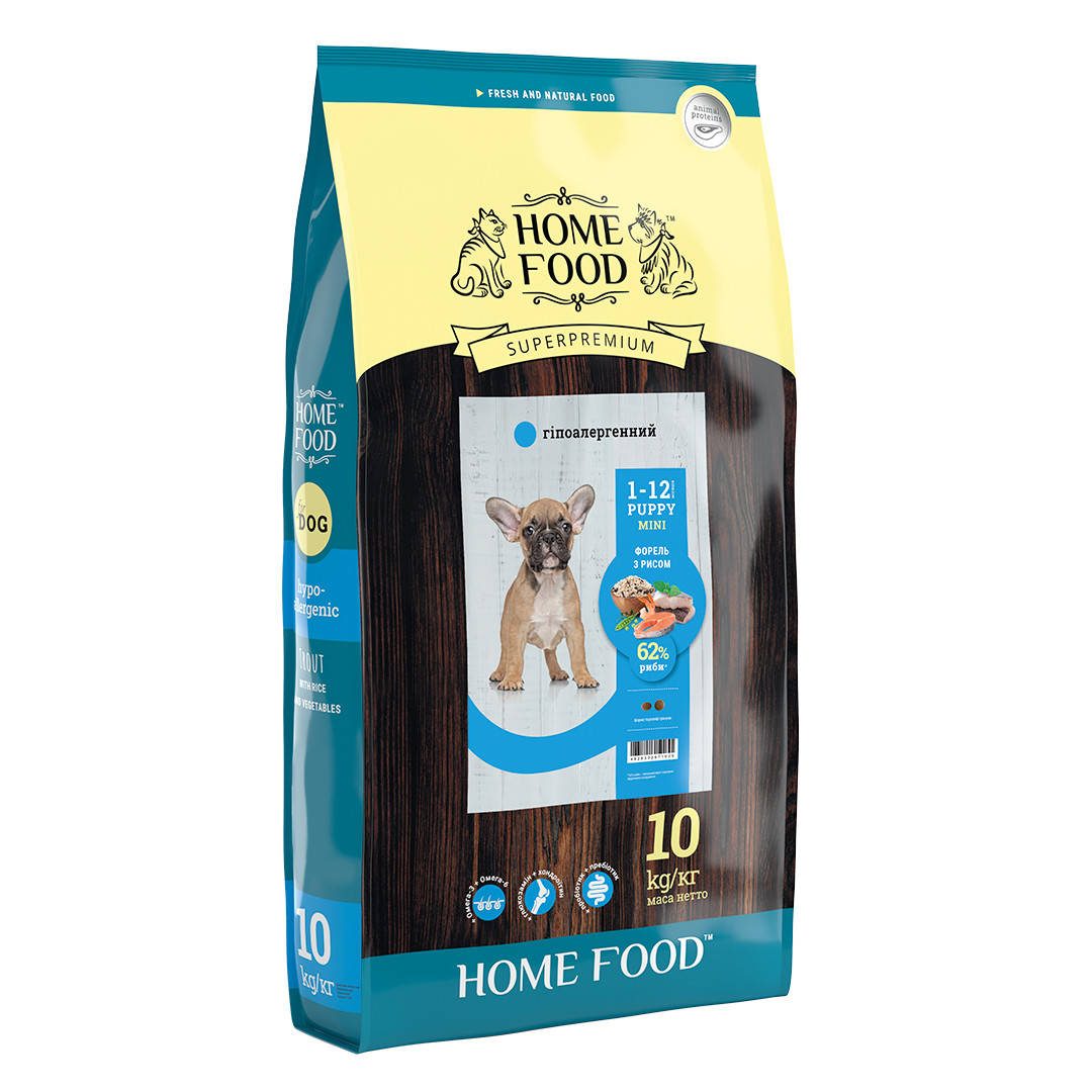 

Гипоаллергенный сухой корм HOME FOOD для щенков MINI - Форель с рисом 10 кг