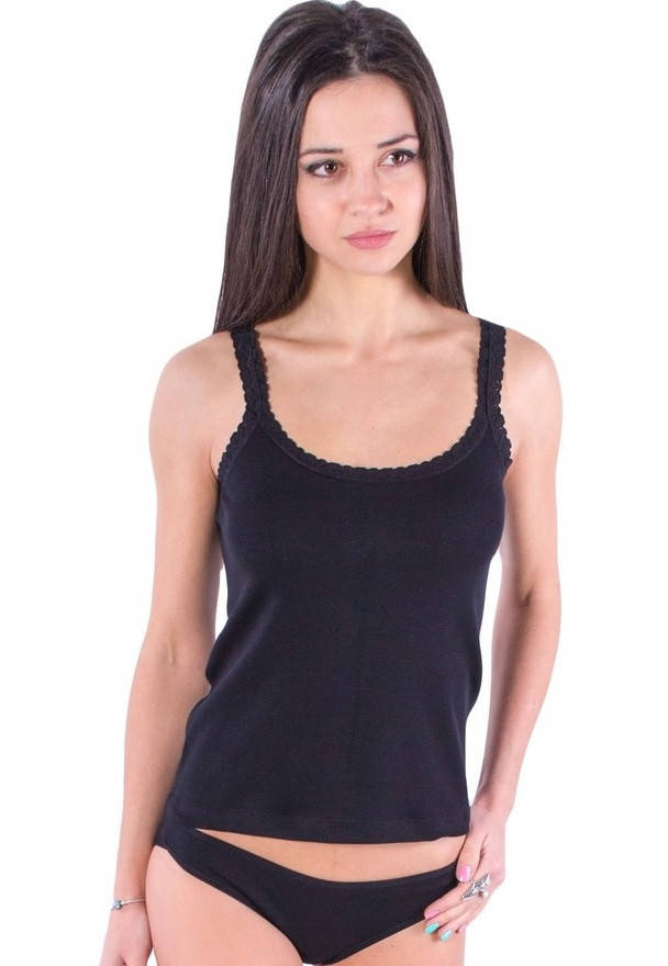 

Майка с кружевом бельевая женская на бретельках без рисунка трикотажная хлопковая, черная 48, Черный