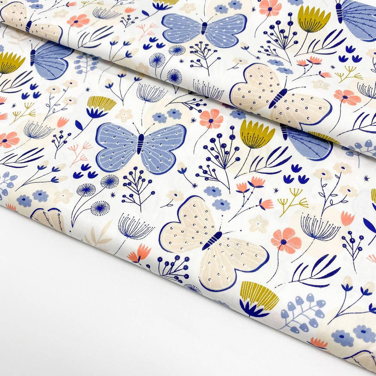 

Сатин "Бабочки цветочки голубые, пудровые" 160см, Разные цвета