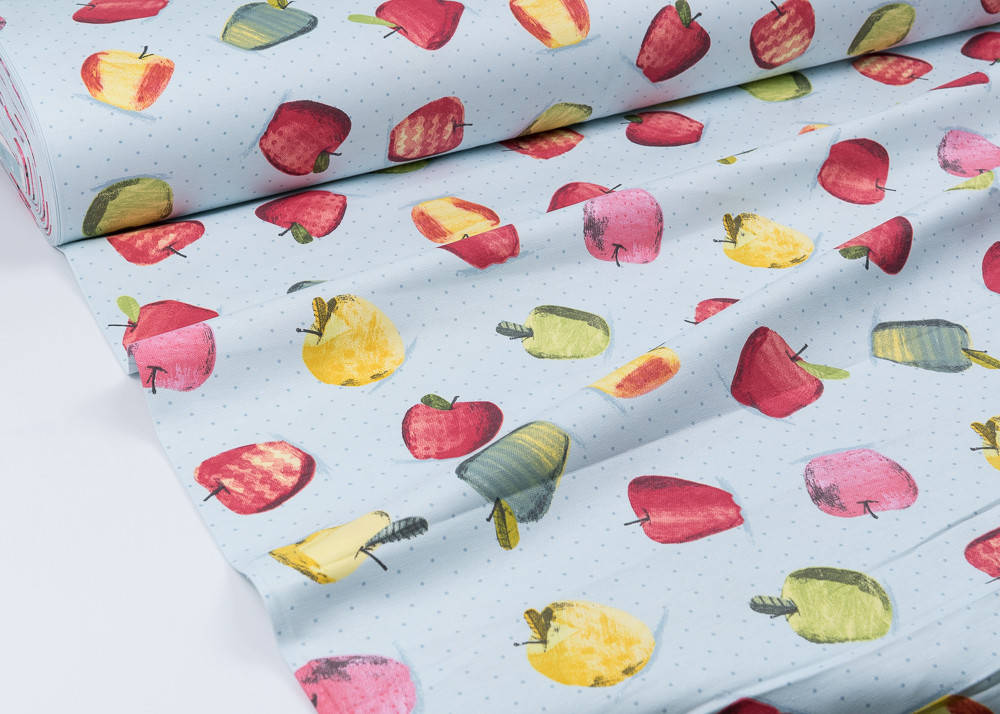 

Ткань Duck с яблоками на голубом фоне, Разные цвета