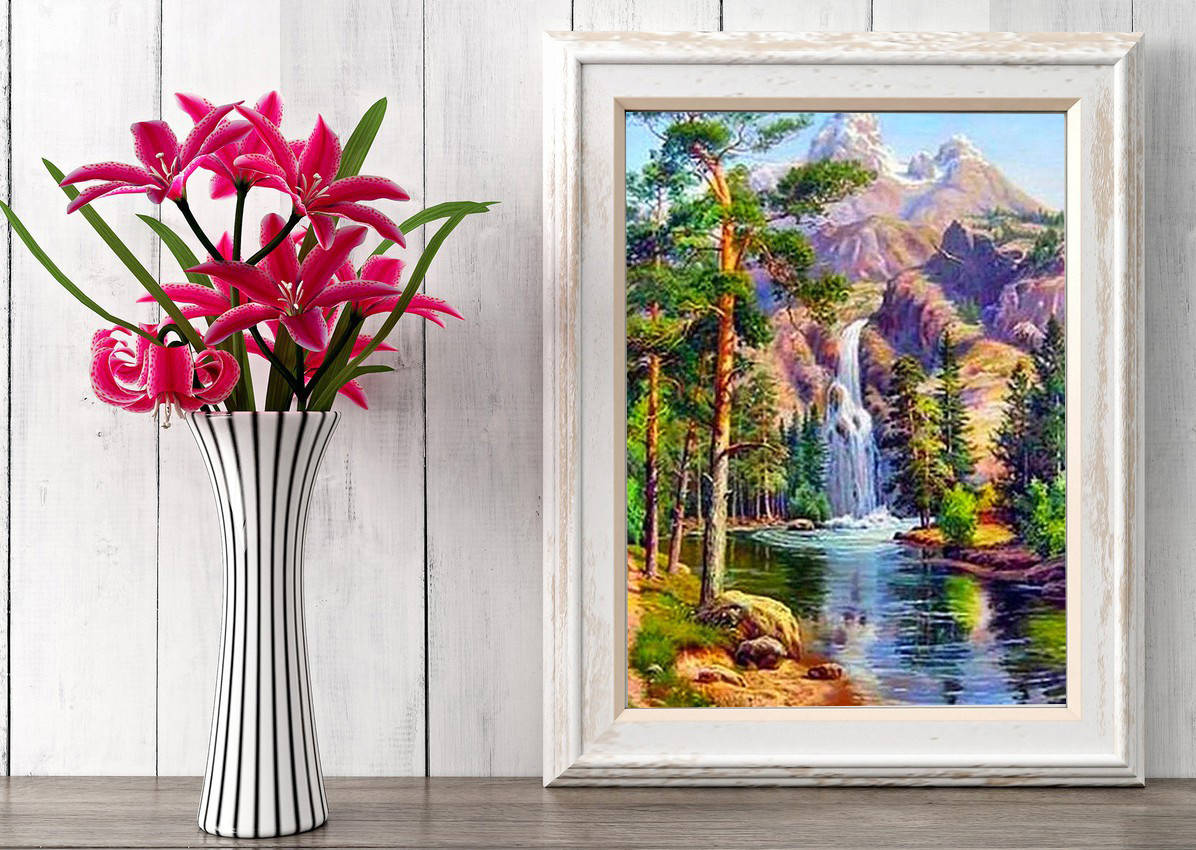 

Алмазная мозаика "Горная речка", картина стразами. Матовая. 20*30 см