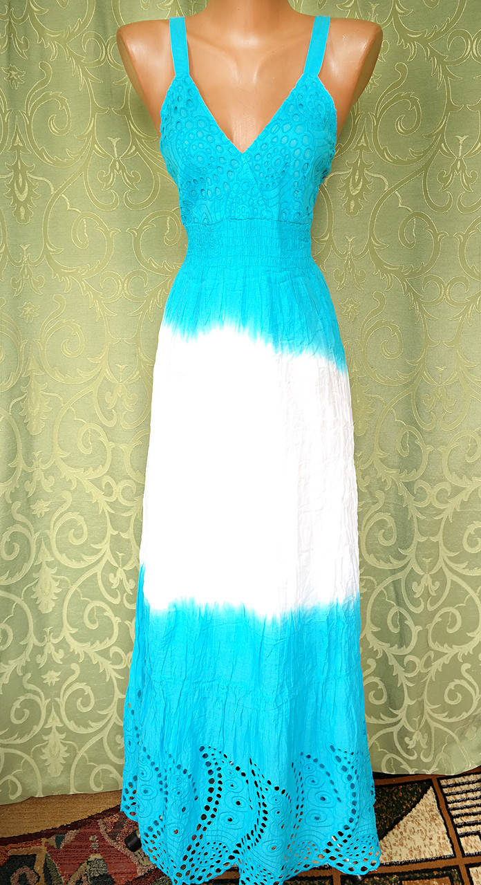 

Сарафан летний, женский макси. Хлопок прошва. Индия.Голубой/белый (46-48) XL р.