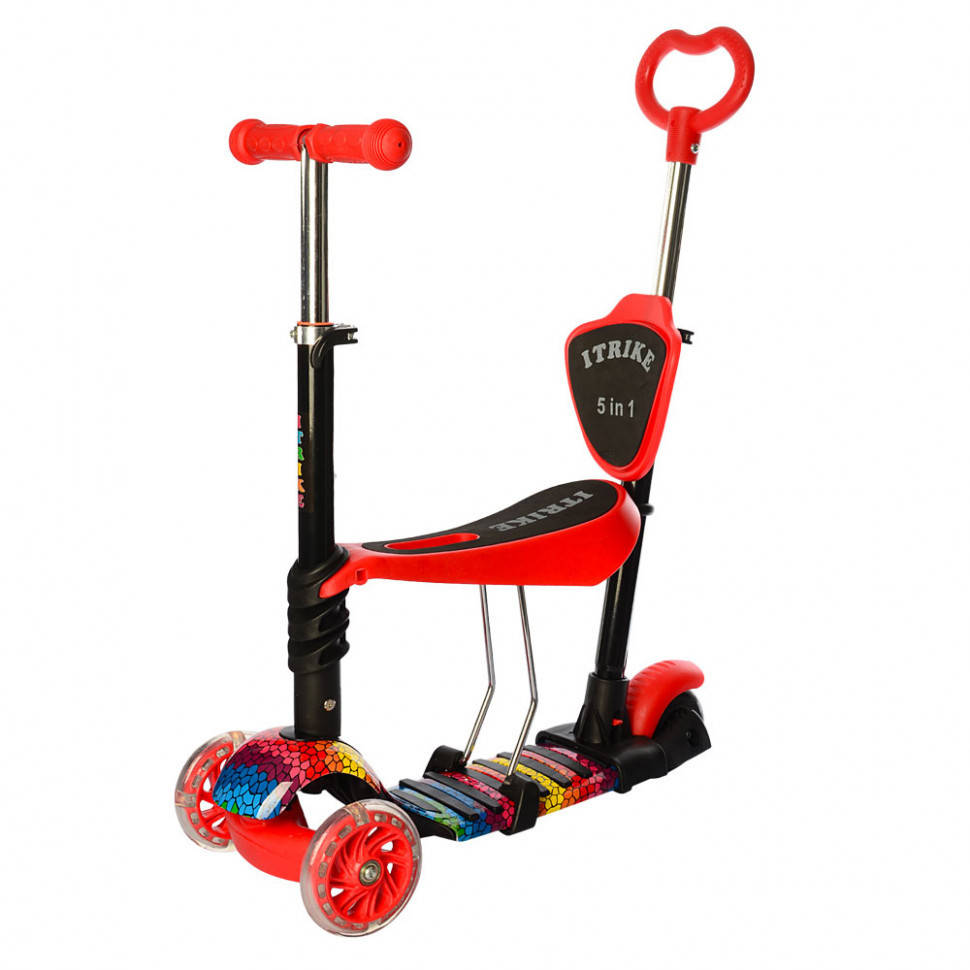 

Детский самокат-беговел с родительской ручкой и подсветкой трехколесный iTrike, красный
