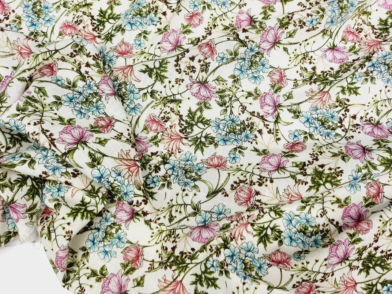 

Лен натуральный стрейчевый. Мелкие цветочки на белом фоне № 2041, Белый