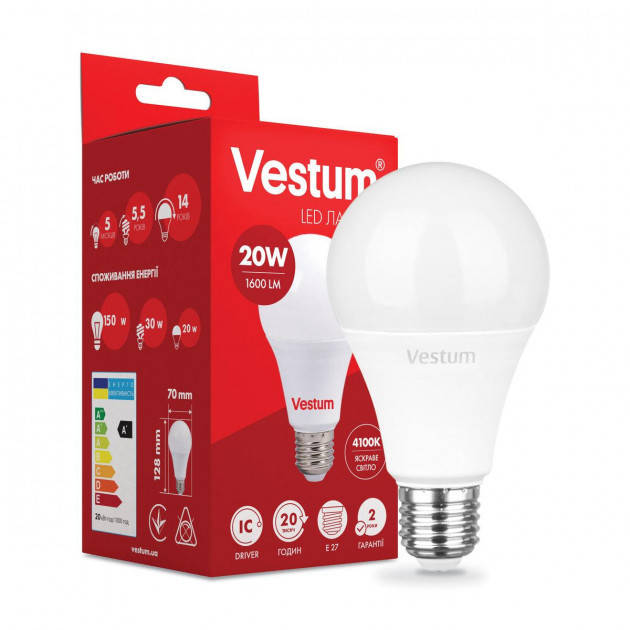 

Лампочка светодиодная LED Е27 20 Вт 4100K 1600Lm 220 вольт A70 Vestum