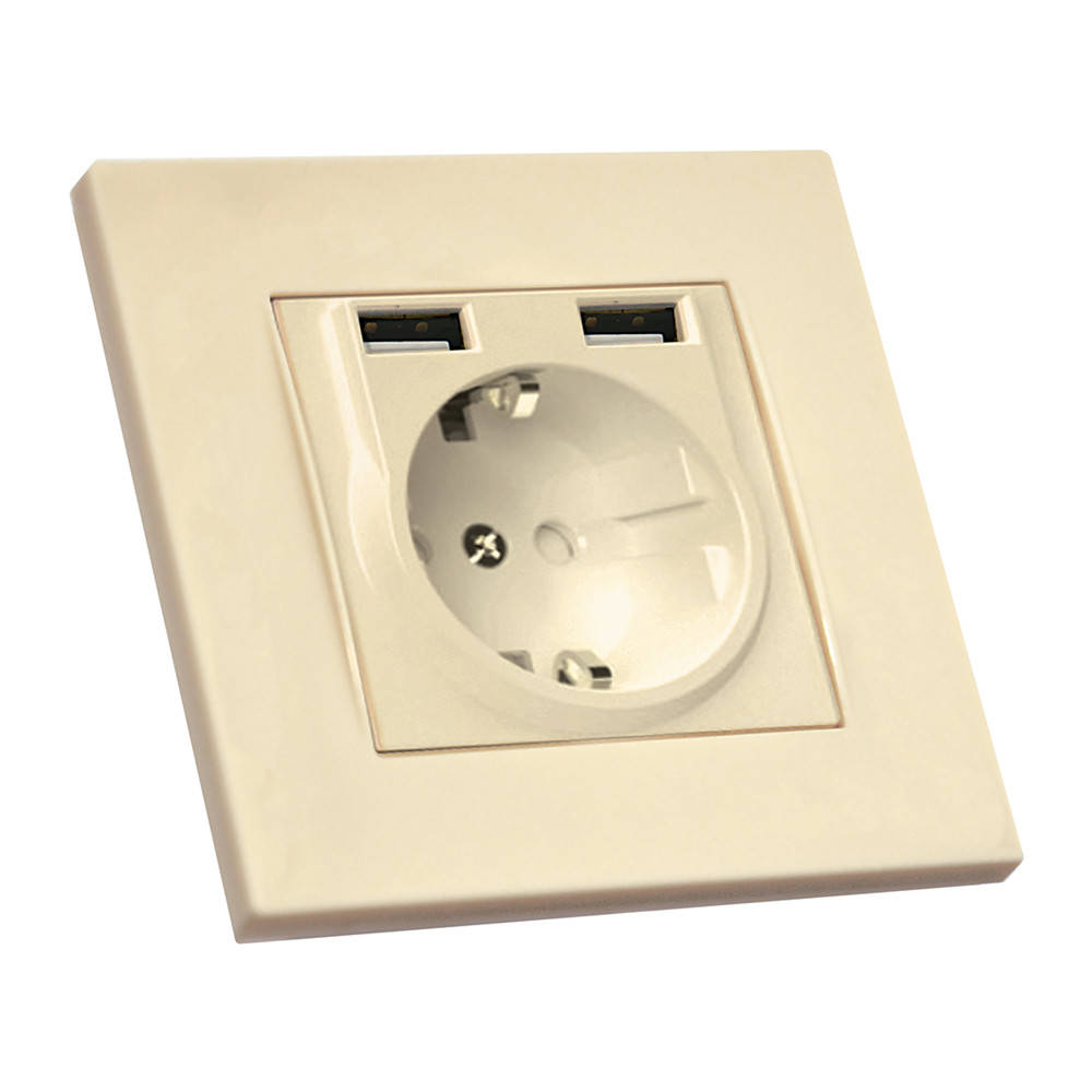 

Розетка с заземлением, 16А, 2 гнезда и USB, 2,4А, со шторками, RITA, Mutlusan, крем, (2220 619 0202)