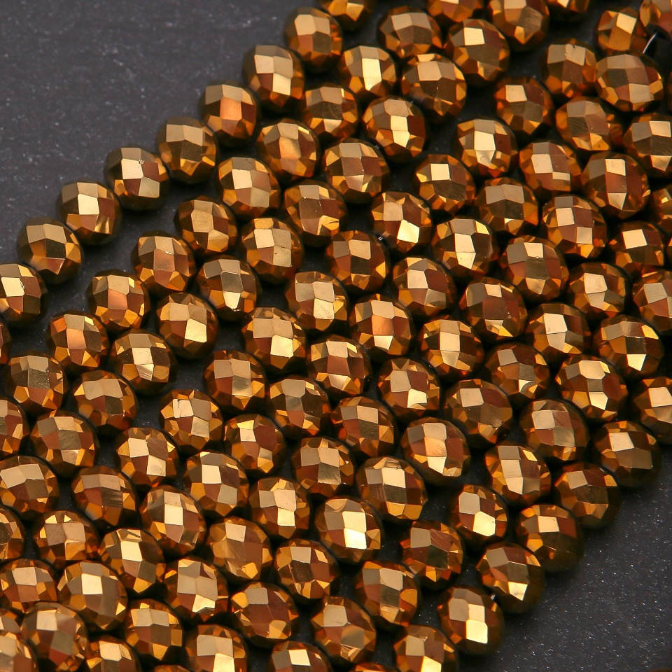 

Бусины стекло золотистое с напыление бензин "рондель" d-8х6мм нитка L-38см, Золотистый