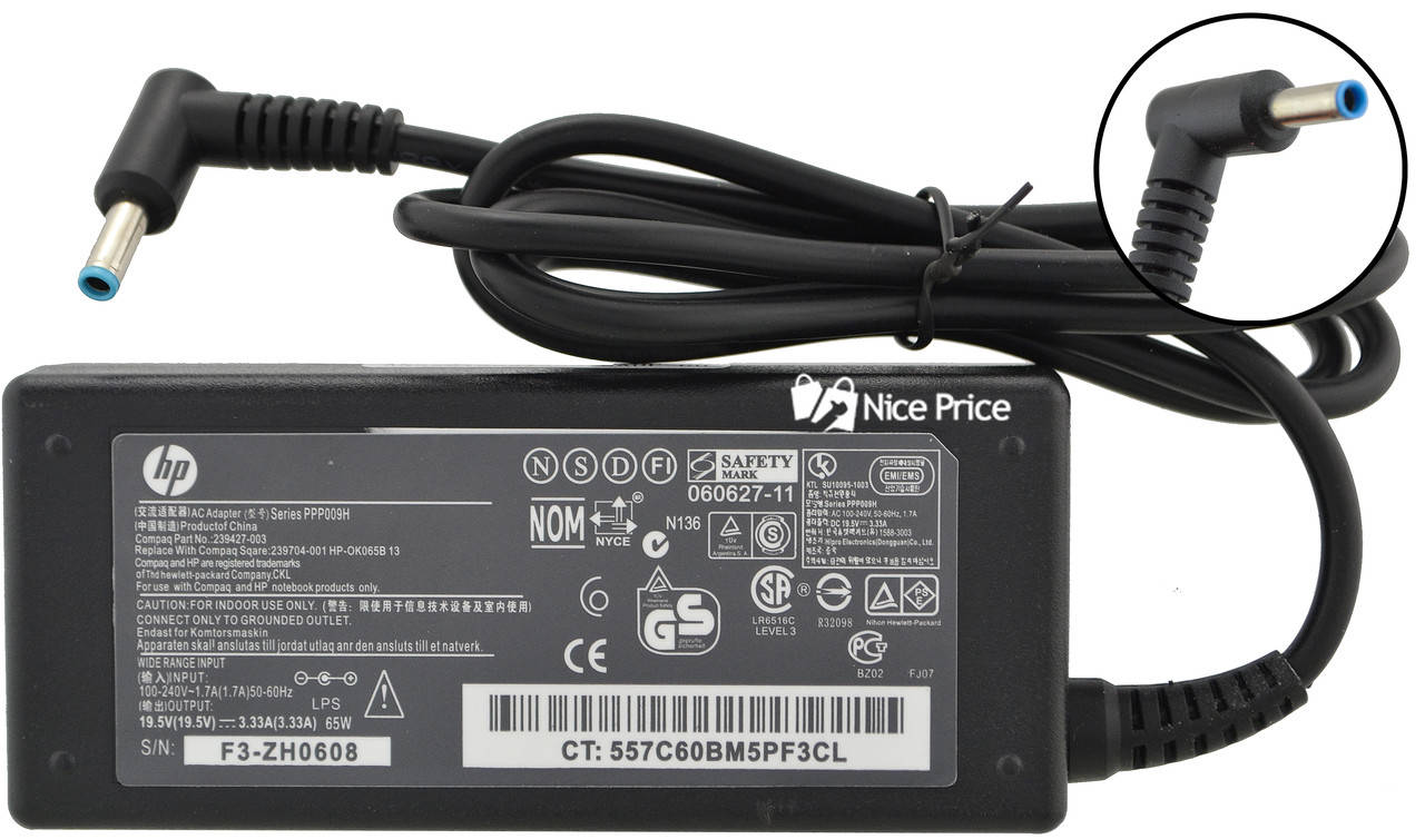 

Блок питания для ноутбуков HP 19.5V 3.33A 65W 4.5x3.0 + кабель питания (2243) alleg Качество