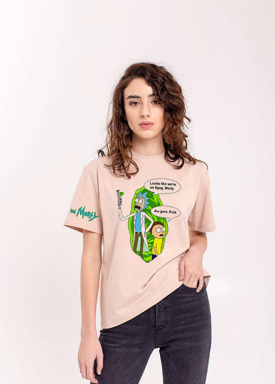 

Футболка Rick and Morty бежевая с надписью Рик и Морти на рукаве M, Бежевый